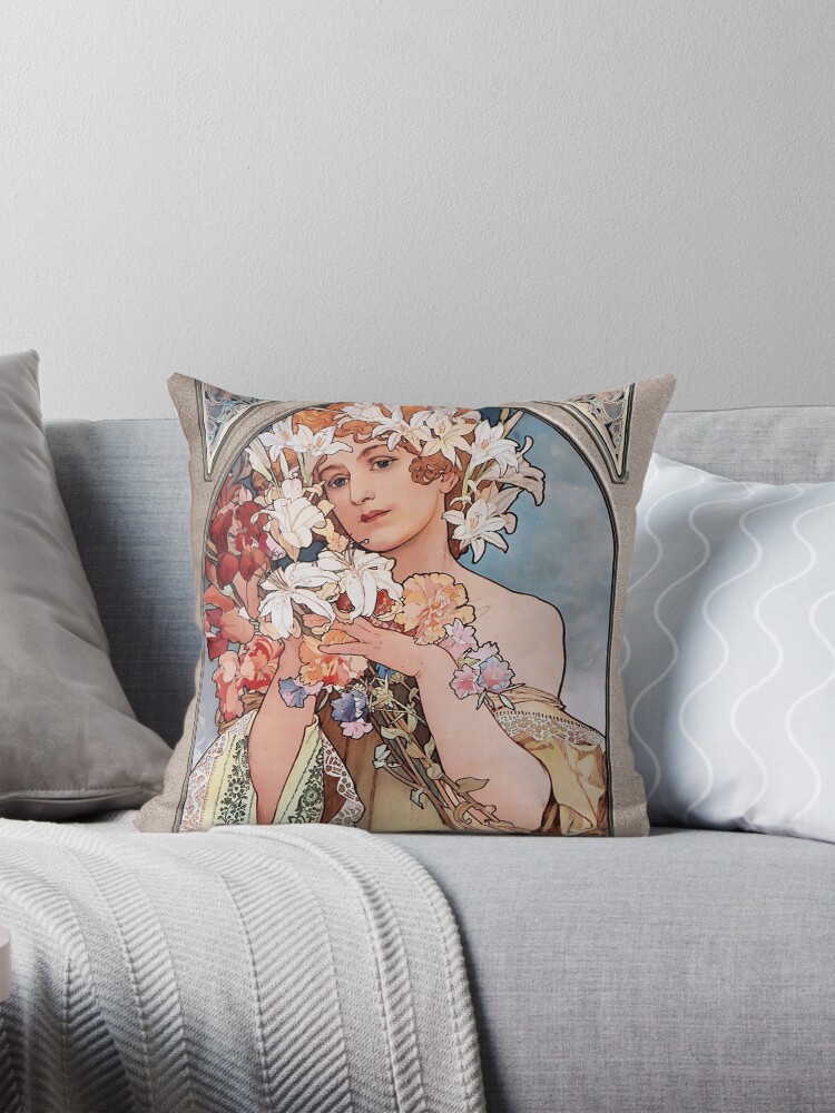 Flower 1897 by Alphonse Mucha Art Nouveau Old Masters Vingtage Art Reproduction Decorative Art Print Throw Pillow