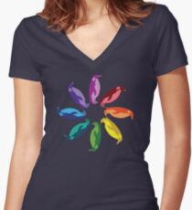 Color: Emperor Penguin Rainbow Pinwheel Women's Fitted V-Neck T-Shirt