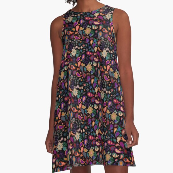 Colorful Paisley on Black A-Line Dress