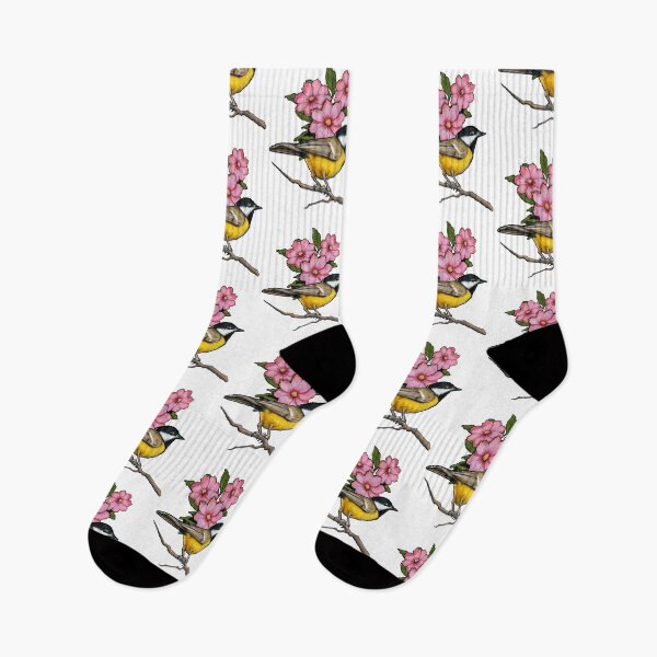 Item preview, Bird and Blooms, Pink Flowers, Yellow Chickadee, Wildlife, Spring, Illustration designed and sold by JoyfulWhimsy.