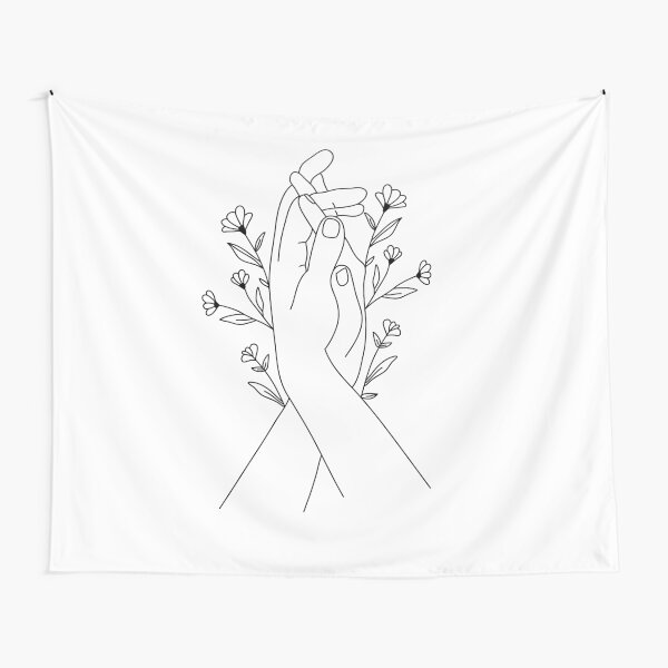 Hands Holding Flower Minimal Line Art Tapestry