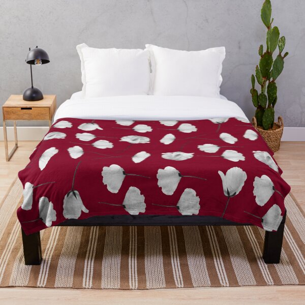 Item preview, White poppies pattern on dark red background designed and sold by by-jwp.
