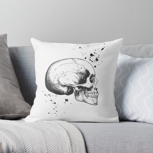 Skull Art • Illustration With Splashes • White • Goth Throw Pillow