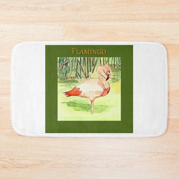 Item preview, Pink Flamingo standing in the pond with grass reeds in the background. - WelshDesigns designed and sold by welshdesigns.