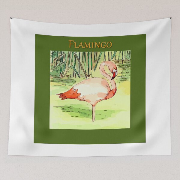 Item preview, Pink Flamingo standing in the pond with grass reeds in the background. - WelshDesigns designed and sold by welshdesigns.
