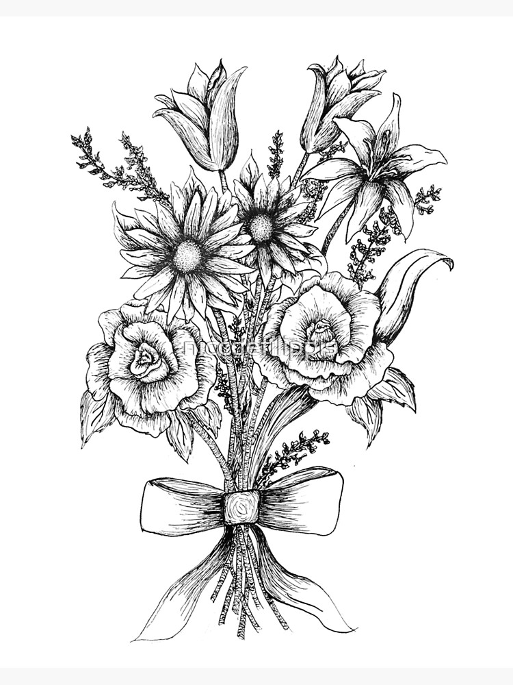 Impression rigide for Sale avec l'œuvre « Croquis de bouquet de fleurs de stylo  et d'encre » de l'artiste niccdefilippis