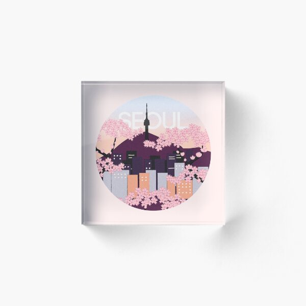 Seoul Tower With Woodblock Style Cherry Blossoms South Korea Acrylic Block