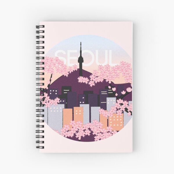 Seoul Tower With Woodblock Style Cherry Blossoms South Korea  Spiral Notebook