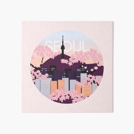 Seoul Tower With Woodblock Style Cherry Blossoms South Korea Art Board Print