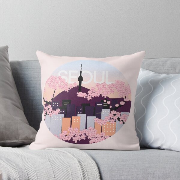 Artikel-Vorschau von Seoul Tower mit Kirschblüten im Holzschnitt-Stil, Südkorea, designt und verkauft von katlandreth.