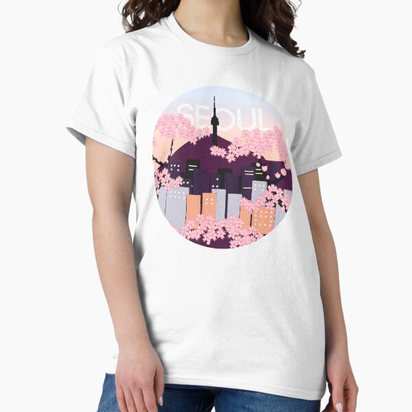 Item preview, Seoul Tower With Woodblock Style Cherry Blossoms South Korea  designed and sold by katlandreth.