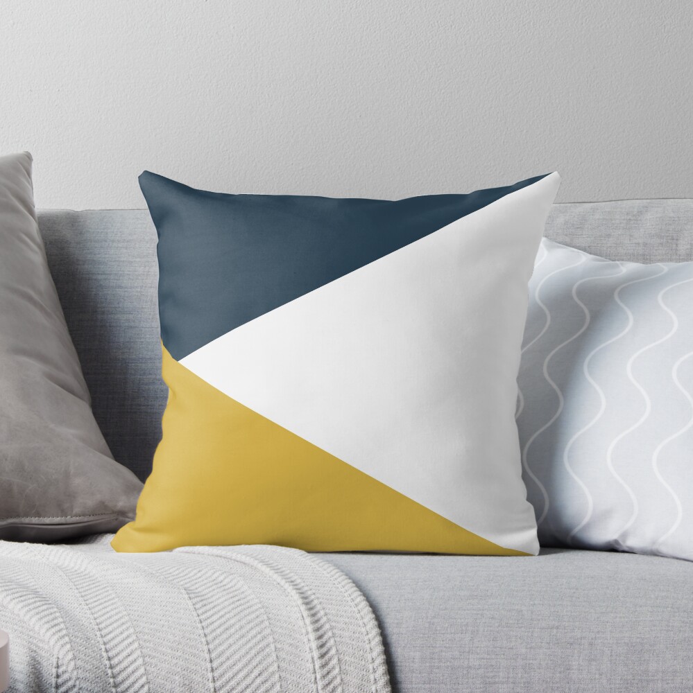 Angled Color Block in Navy Blue, Light Mustard Yellow, and White Throw Pillow