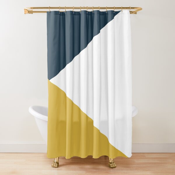 Angled Color Block in Navy Blue, Light Mustard Yellow, and White Shower Curtain