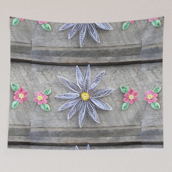 Item preview, white quilled flower on barnwood, pink flowers designed and sold by Stephanie  Skeem.
