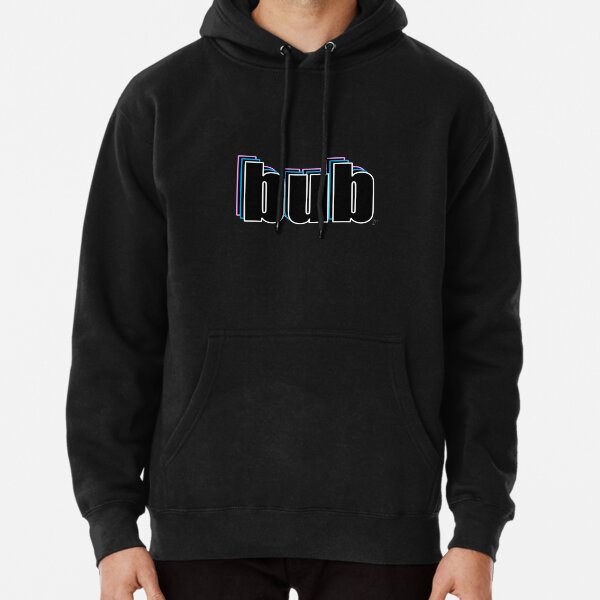 "bub" T-Shirt and product design. Black text with pink, blue and white outline with a transparent background. Pullover Hoodie