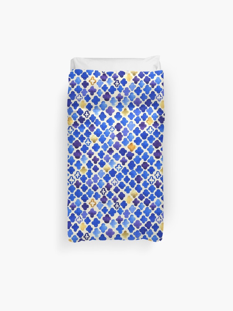 Rustic Watercolor Moroccan In Royal Blue Gold Duvet Cover By
