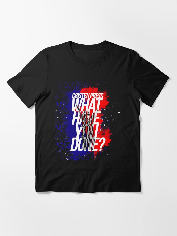 Christen Press What Have You Done - red on blue | Essential T-Shirt