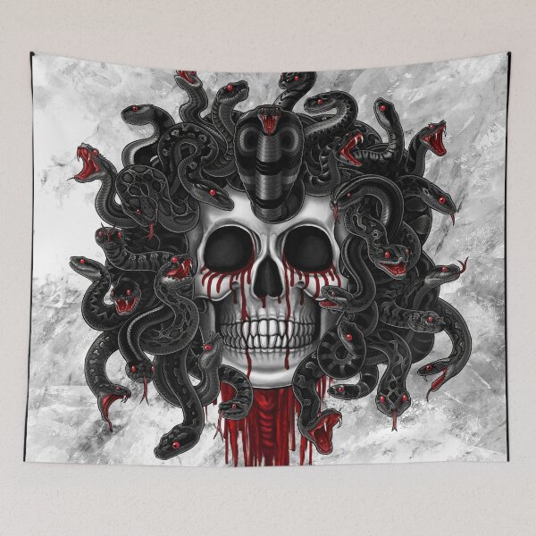 Artikelvorschau, Weißer Goth Medusa Schädel, Schwarze Schlangen entworfen und verkauft von Abysm Internal.