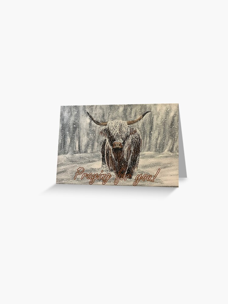 Thumbnail 1 of 2, Greeting Card, Snowy Highland Cow - Praying for You Card designed and sold by EuniceWilkie.