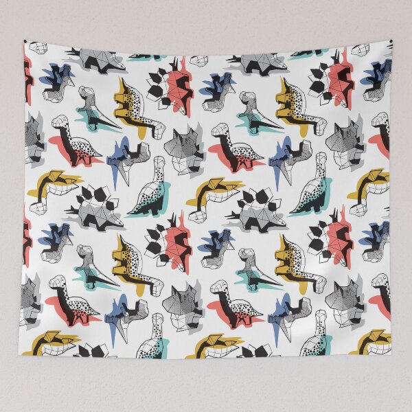 Item preview, Geometric Dinos // non directional design white background multicoloured dinosaurs designed and sold by SelmaCardoso.