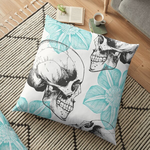 Skulls And Flowers • Turquoise • Romantic Goth Floor Pillow