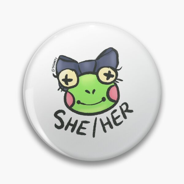 Item preview, Frog pronoun she/her sticker/pin designed and sold by Tasiarty.