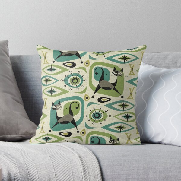 Mid Century Cat Abstract - Lime and Teal Throw Pillow