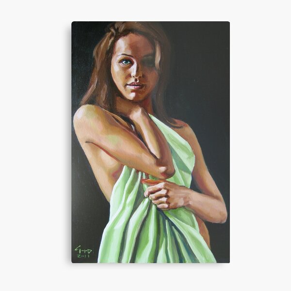 girl with green sheet Metal Print