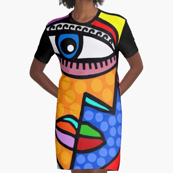Funky Abstract Style Art Face with Dots and Stripes Graphic T-Shirt Dress