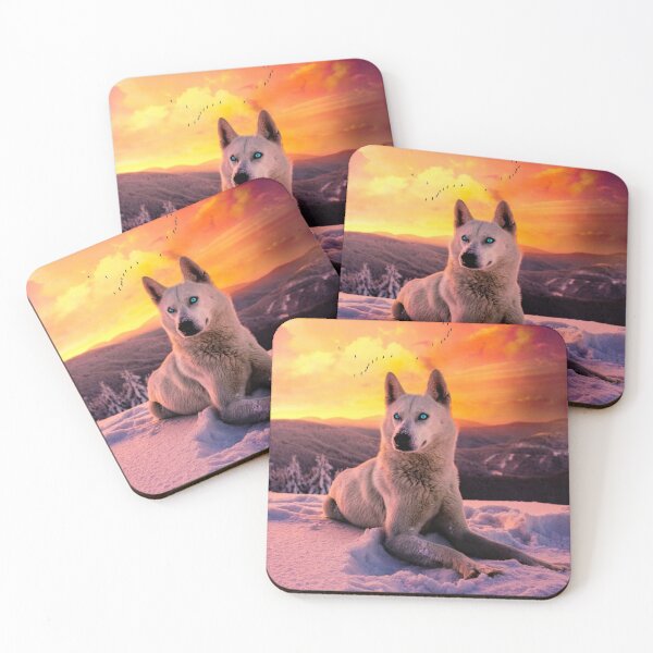 Item preview, White wolf with blue eyes on a background of snow and sunset designed and sold by philippe souvy.