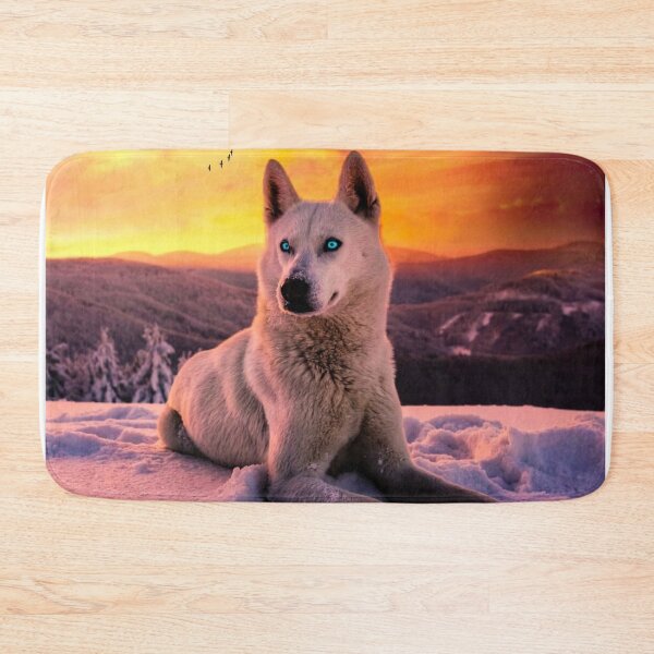 Item preview, White wolf with blue eyes on a background of snow and sunset designed and sold by philippe souvy.