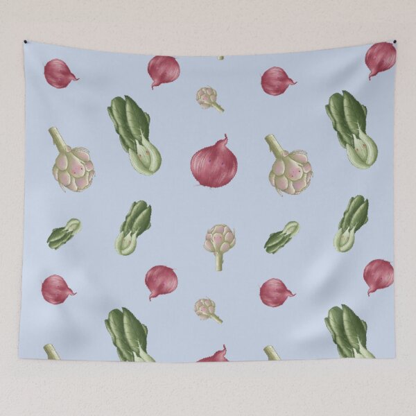 Item preview, Onion, artichoke and bok choy vegtable pattern in blue designed and sold by AliciaBarten.