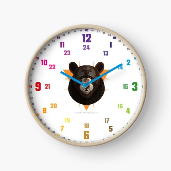 Echte-Lernuhren.de | EasyRead Kinderuhr Kinderzimmeruhr 24 Std Format ©hatgirlDESIGN (3,6,9,12 Hervorgehoben) Schulbedarf Klassenzimmer Bär Logo Uhr