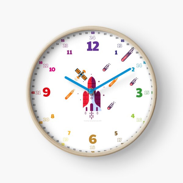 Echte-Lernuhren.de | EasyRead Kinderuhr Kinderzimmeruhr 24 Std Format ©hatgirlDESIGN (3,6,9,12 Hervorgehoben) Schulbedarf Klassenzimmer Rakete Uhr