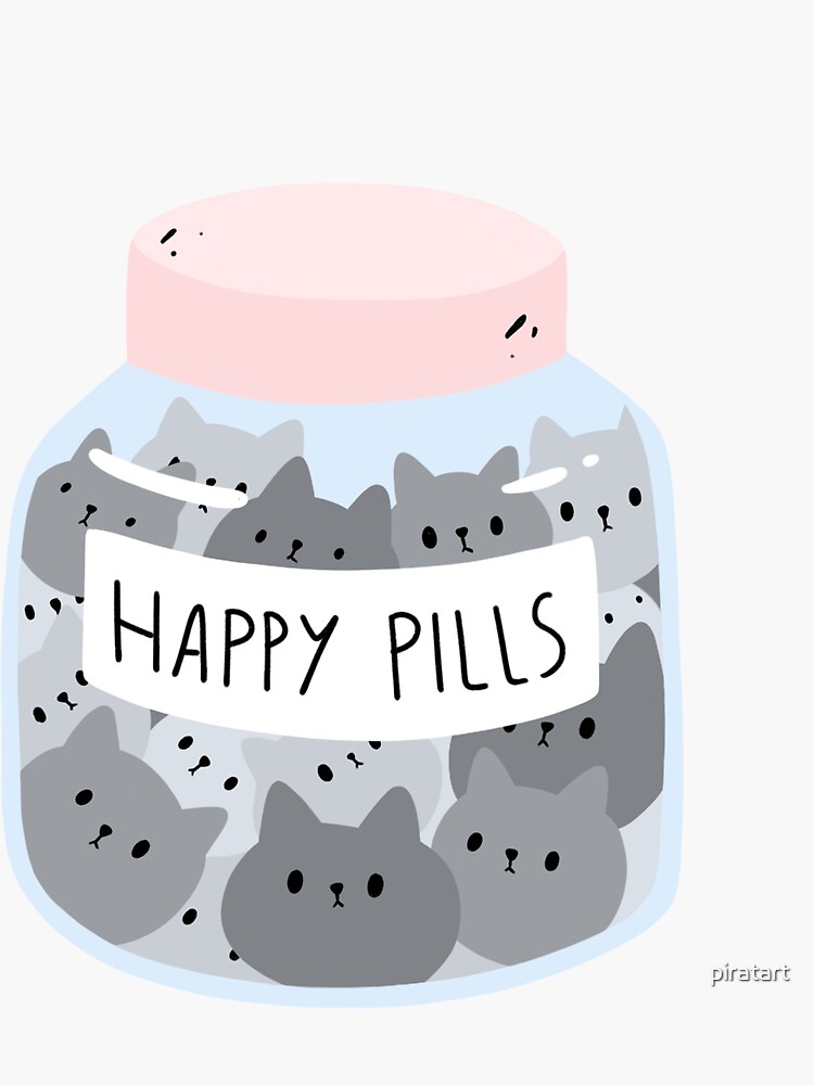 "Cat Happy Pills Cute Kitten Design" Sticker by piratart Redbubble
