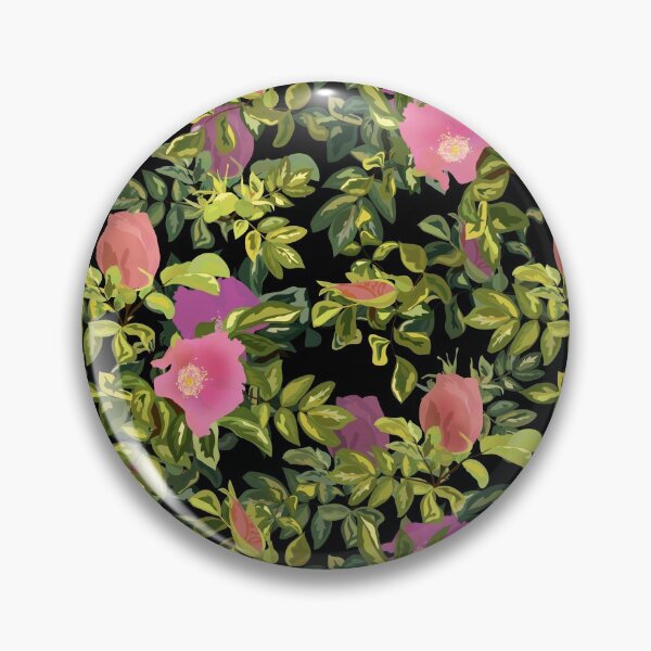 Item preview, Pink rosehip, pink rosehip, black background, roses on black, flower pattern designed and sold by fuzzyfox.