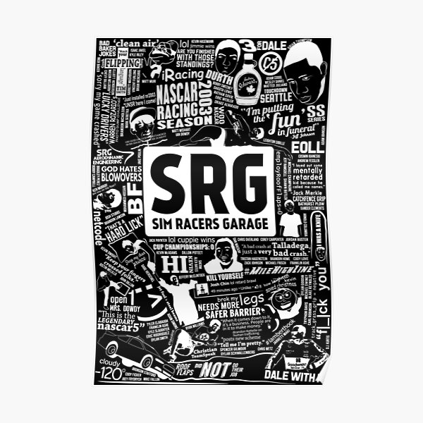 Sim Racers Garage Collage - White w/Black Products Poster