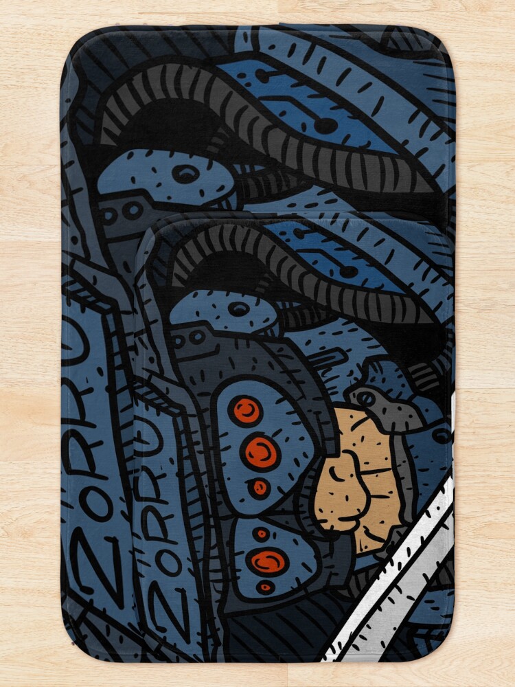 Alternate view of zorro, masked vigilante from the future, dark sci fi cyberpunk art. Bath Mat