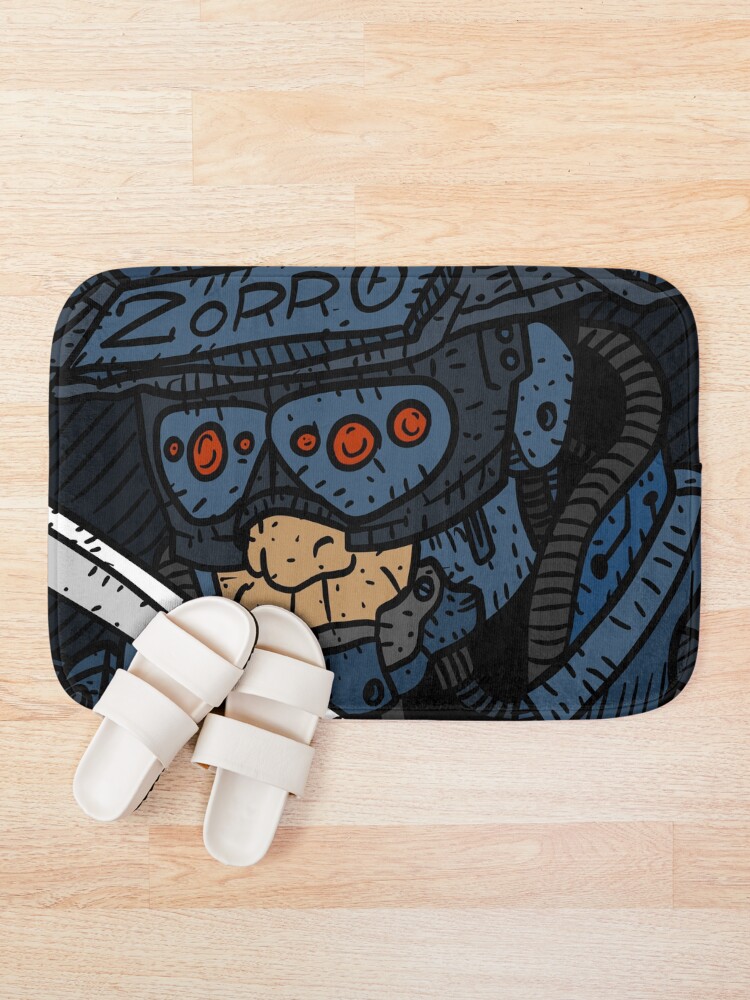 Alternate view of zorro, masked vigilante from the future, dark sci fi cyberpunk art. Bath Mat