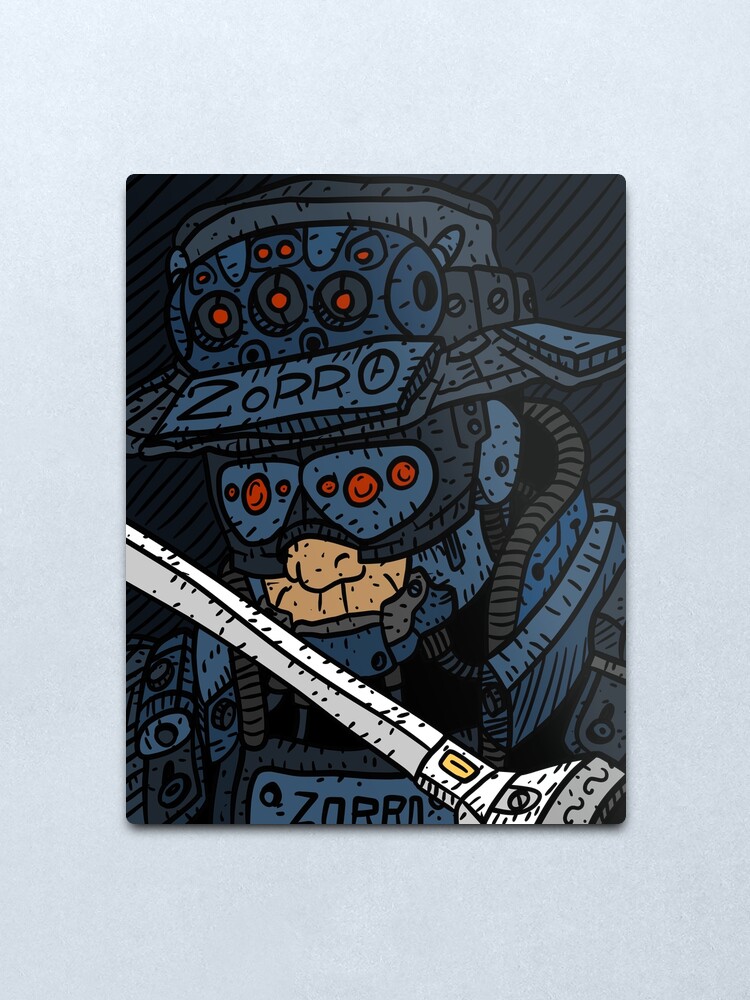 Alternate view of zorro, masked vigilante from the future, dark sci fi cyberpunk art. Metal Print