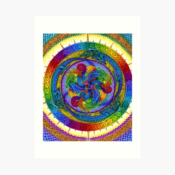 Psychedelic Dragons Rainbow Mandala Art Print