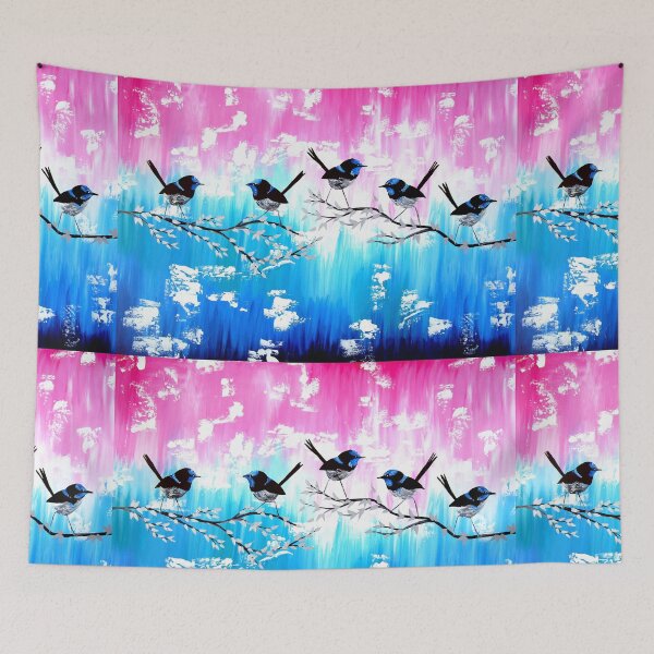 Item preview, Blue wrens with abstract painting designed and sold by CateJacobs.