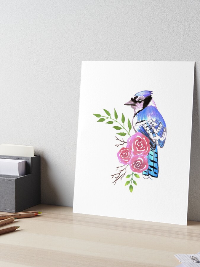 Blue jay bird with red roses and twigs watercolor Vector Image