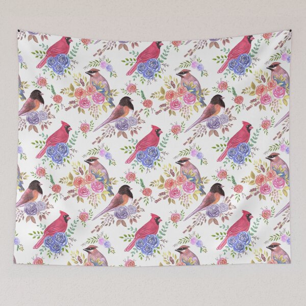 Item preview, Cardinals juncos and waxwings on rose blossoms- Seamless birds watercolor painting designed and sold by Shawlin Islam.