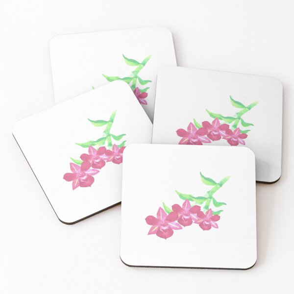 Item preview, Pink dendrobium orchid with green leaves in watercolor medium designed and sold by Shawlin Islam.