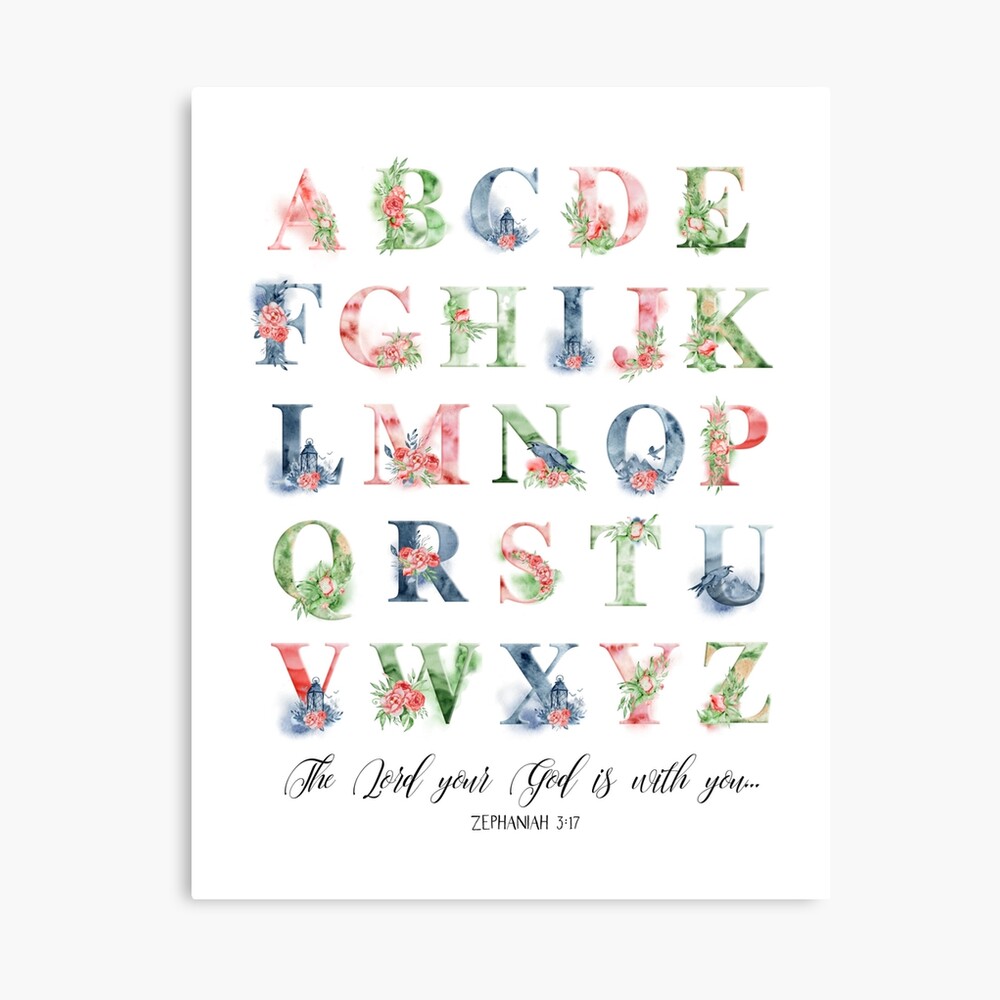 alphabet poster abc alphabet learning kids room art alphabet wall art colour print teachers gifts bible verse scripture alphabet printable zephaniah 3 17 nursery print photographic print by dzhenka balimez redbubble