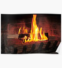 Burning fire at fireplace. Can be used as background. Poster
