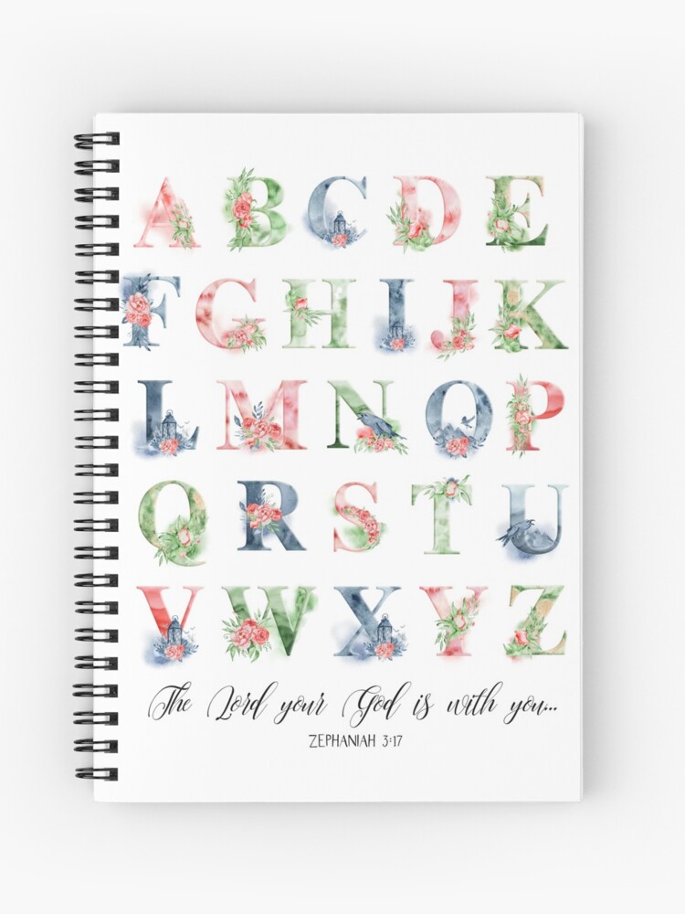 alphabet poster abc alphabet learning kids room art alphabet wall art colour print teachers gifts bible verse scripture alphabet printable zephaniah 3 17 nursery print spiral notebook by dzhenka balimez redbubble