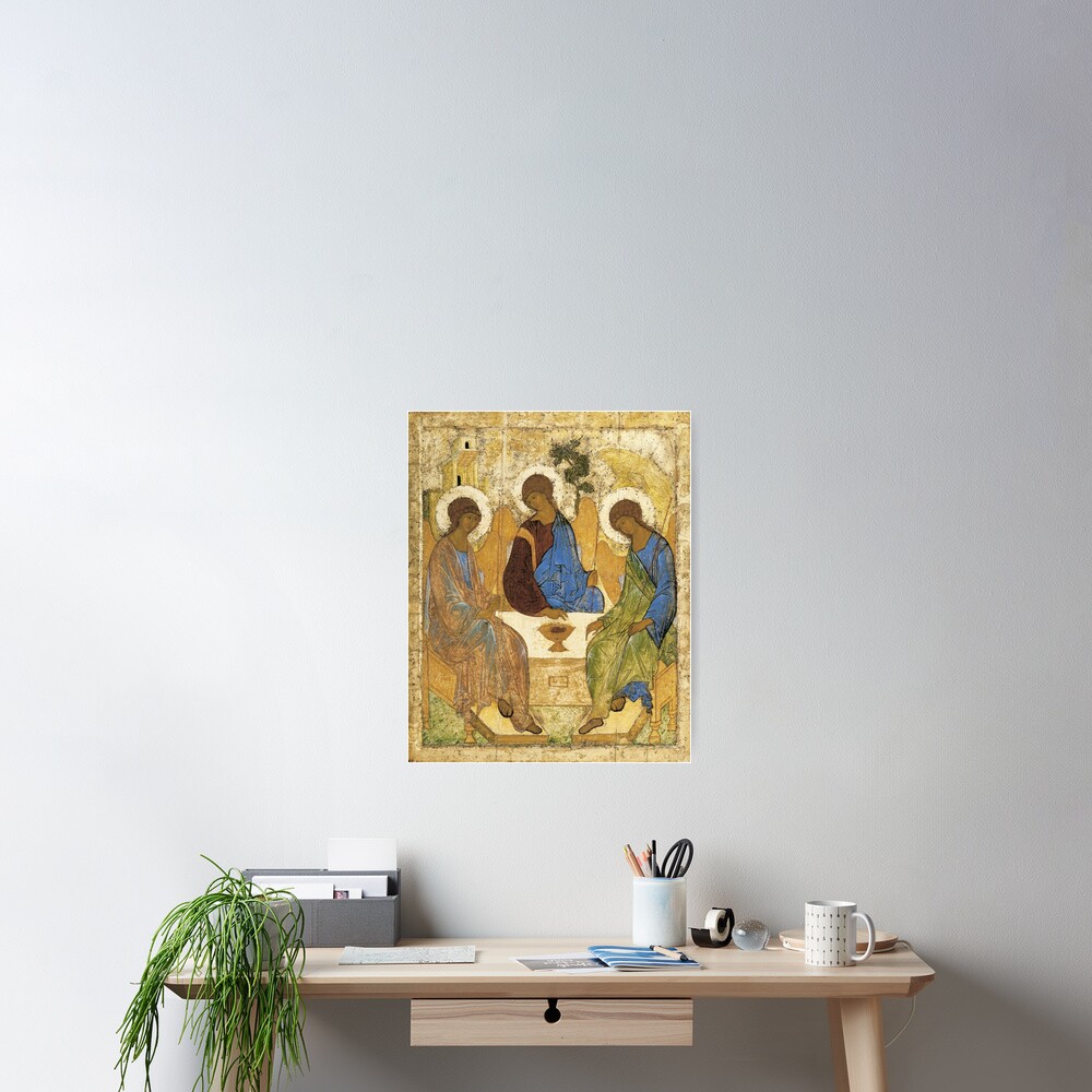 Holy Trinity, Hospitality of Abraham; by Andrei Rublev; tempera on panel; Tretyakov Gallery (Moscow) Poster