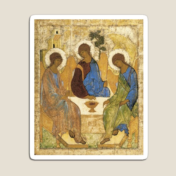 Holy Trinity, Hospitality of Abraham; by Andrei Rublev; tempera on panel; Tretyakov Gallery (Moscow) Magnet